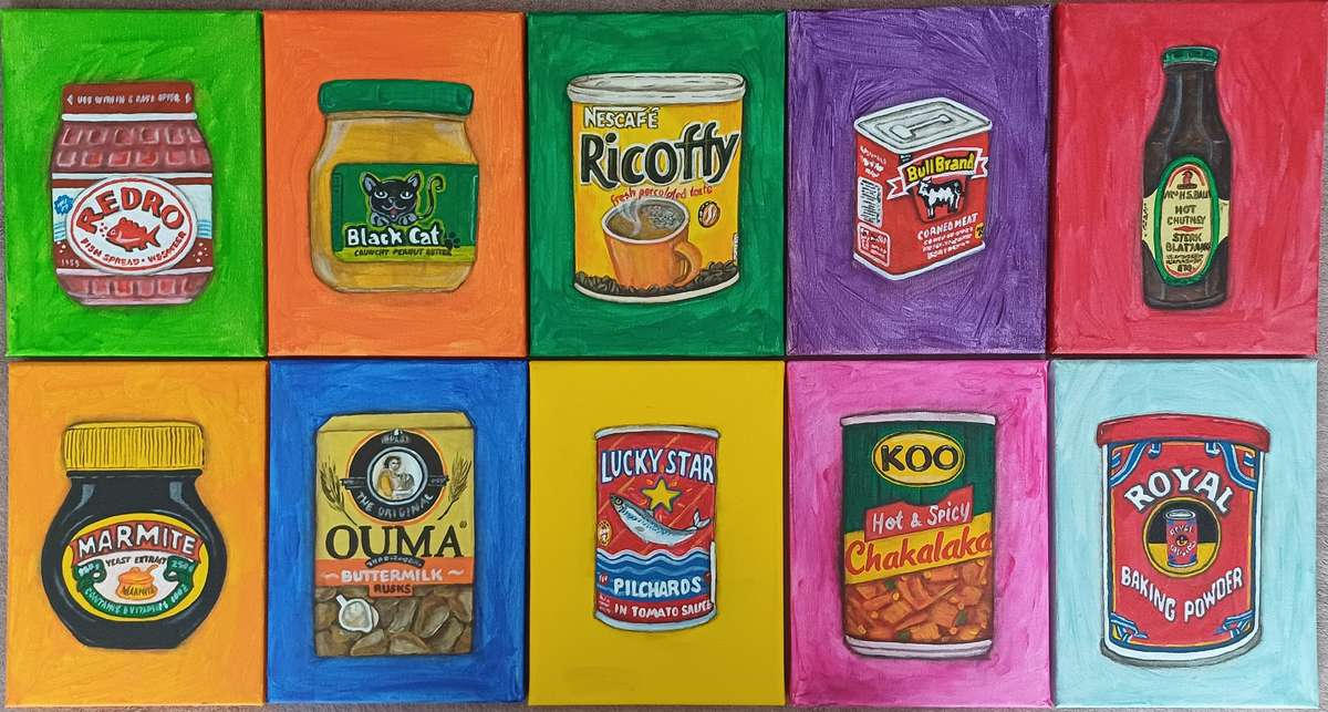 Set of 10 Brand name small paintings in  Acrylics - Marmite, Royal Baking Powder, Ricoffy etc