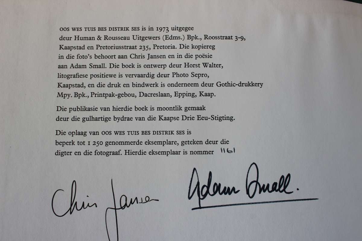 OOS WES TUIS BES. Distrik Ses. Chris Jansen & Adam Small. Beperkte getekende oplaag.
