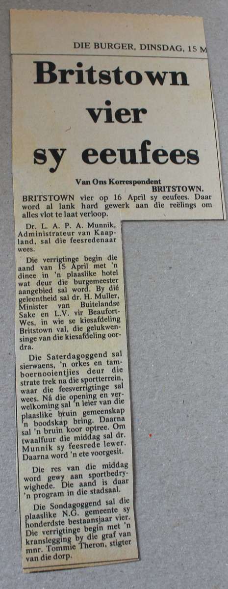 BRITSTOWN. Die eerste honderd jaar 1977-1977. Saamgestel deur R.B. Raath.