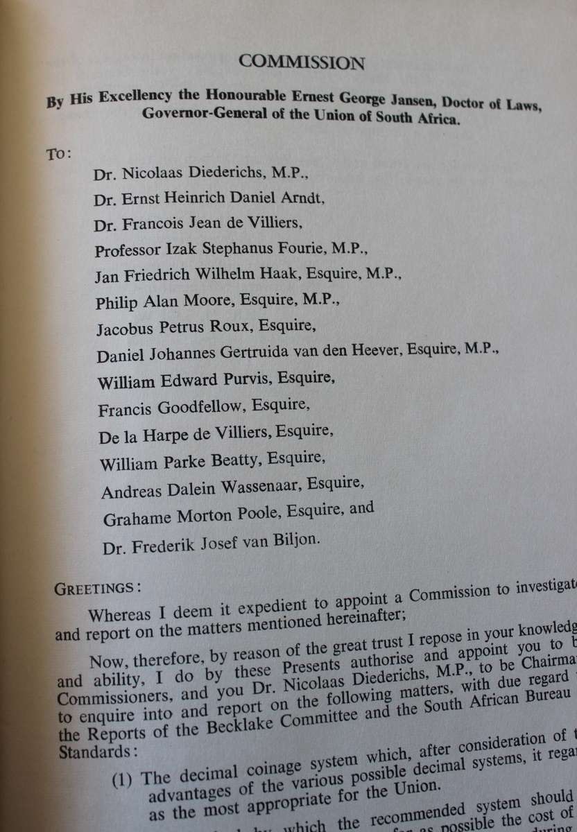 REPORT OF THE DECIMAL COINAGE COMMISSION. Union of South Africa. U.G. 35/1958.