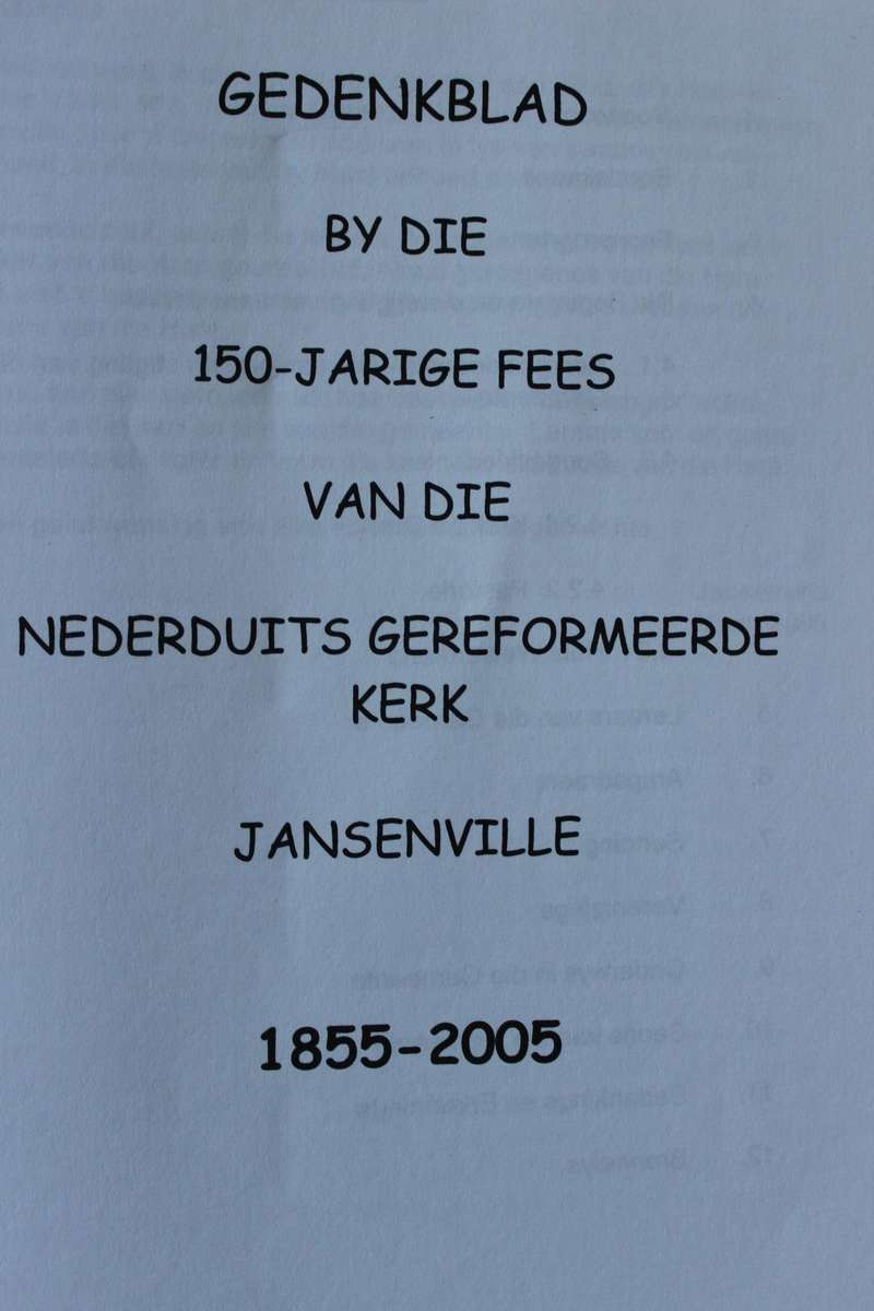 NED. GERF. GEMEENTE JANSENVILLE 1855 - 2005 Gedenkblad 150 -jarige Fees