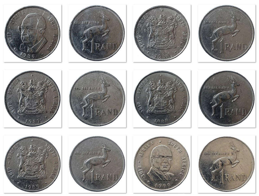 Complete set 1977-1990 South Africa Springbok R1 one rand nickel coins