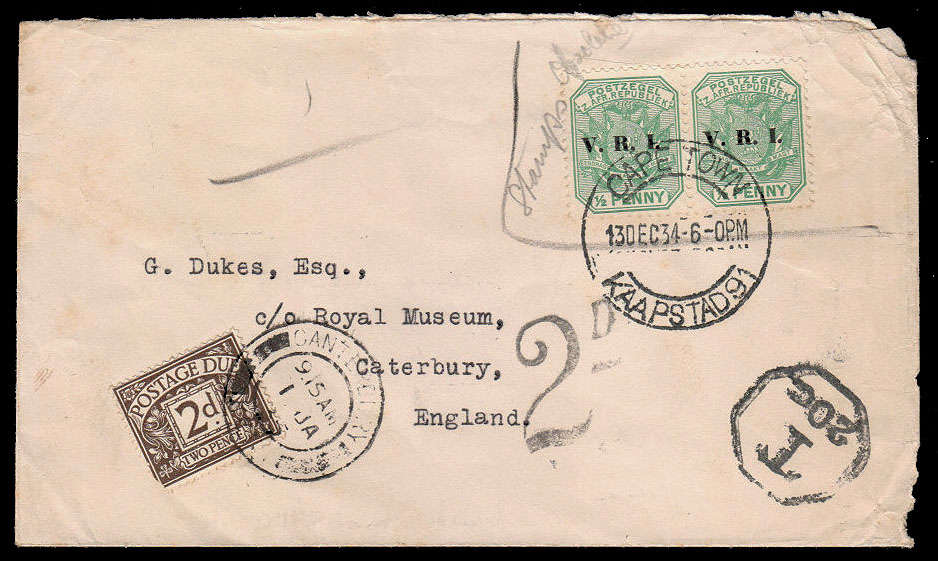 SOUTH AFRICA 1934 COVER TO UK FRANKED VRI ½d PAIR, ENDORSED STAMPS OBSOLETE, TAX MARKS AND GB TAX ST