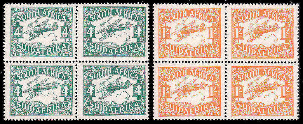 UNION 1929 AIRMAILS 4d AND 1s IN BLOCKS OF 4 VERY FINE MNH. SACC 40/1 CAT R5000