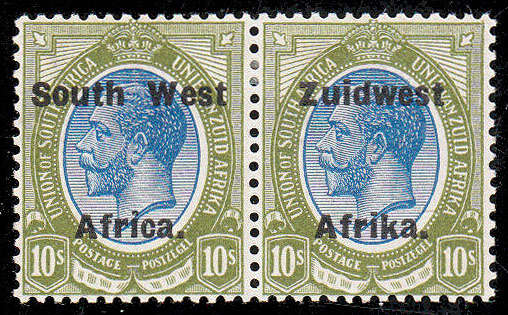 SOUTH WEST AFRICA 1924 KGV TYPE VIa 10s BLUE AND DARK OLIVE VERY FINE MINT PAIR LMM. SACC 62 R6000