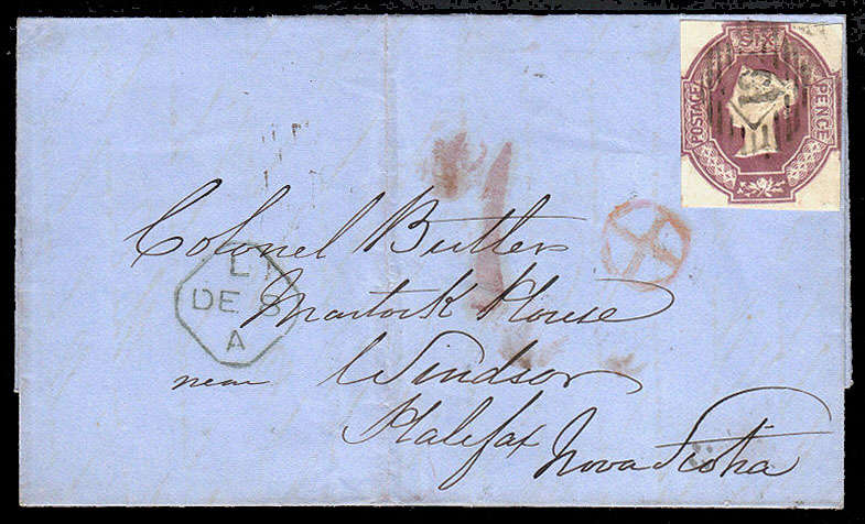 GB 1856 COVER TO NOVA SCOTIA FRANKED 1854 IMPERF 6d MAUVE TOUCHING TOP & LEFT FINE USED. SG 58 £1900