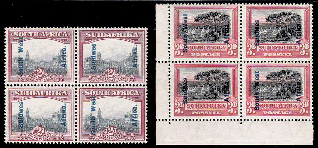 SOUTH WEST AFRICA 1926-27 PICTORIALS 2d AND 3d BLOCKS OF 4  VERY FINE MNH. SACC 75, 76