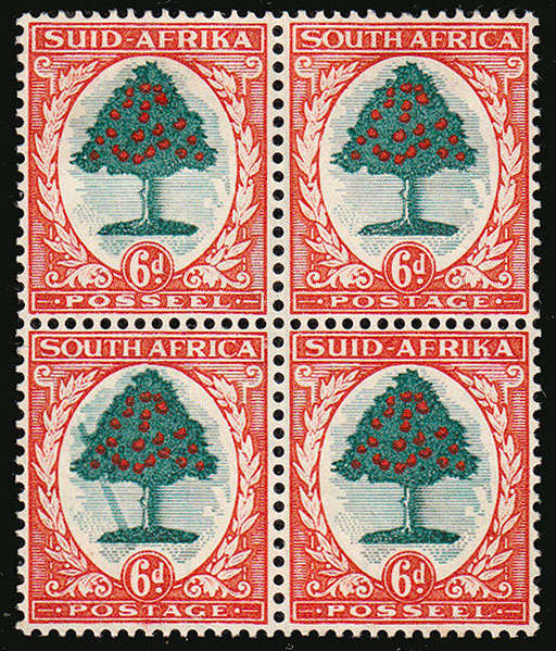 SOUTH AFRICA 1933 HYPHEN 6d BLOCK OF 4 WITH LADDER VAR BOTTOM PAIR WHICH IS MNH. TOP LMM SACC 6Oc va