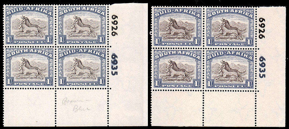 UNION 1947 SCREENED PICT. 1s CYLINDER 6926 - 6935 TWO DIFF SHADES CONTROL BLOCKS VERY FINE MNH