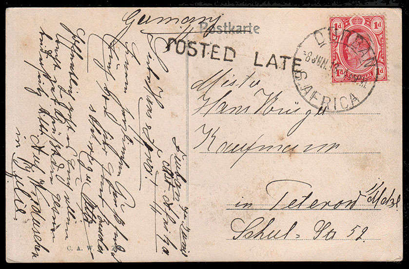 UNION 1913 FINE UNBOXED 'POSTED LATE' ON POSTCARD WITH 1d TVL CANCELLED DURBAN 8 JUN 13, TO GERMANY
