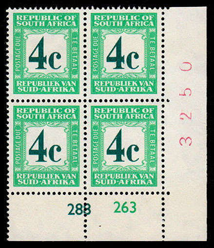 RSA 1962 POSTAGE DUES 4c COAT OF ARMS WMK ENGLISH ON TOP CYL BLOCK VERY FINE MNH SACC 52a R1000