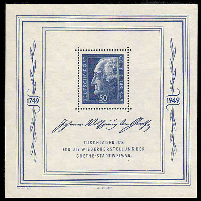 GERMANY ALLIED OCCUP SOVJET ZONE 1949 GOETHE MIN SHEET VERY FINE MNH Mi BLOCK 6 CAT ~ R4200
