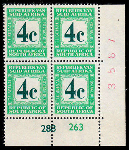 RSA 1962 POSTAGE DUES 4c COAT OF ARMS WMK AFRIKAANS ON TOP CYL BLOCK VERY FINE MNH SACC 52a R1000