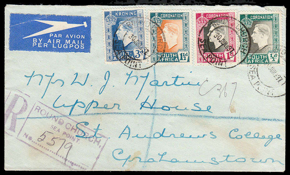 SOUTH AFRICA 1937 ROUND CHURCH SEAPOINT CANCELS (PUTZEL RRR) PLUS REGISTRATION CACHET ON COVER TO
