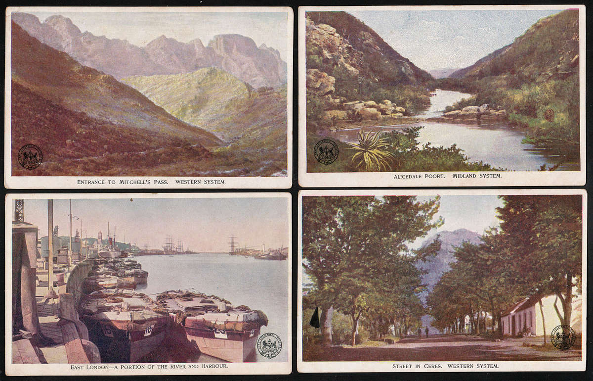 CAPE GOVERNMENT RAILWAY'S SERIES WITH SMALL LOGO FOUR DIFF CARDS UNUSED. TONED ON REVERSE