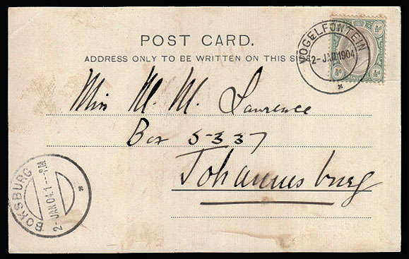 TRANSVAAL 1904 COMPLETE AND SCARCE VOGELFONTEIN POSTMARK ON CARD TO JOHANNESBURG