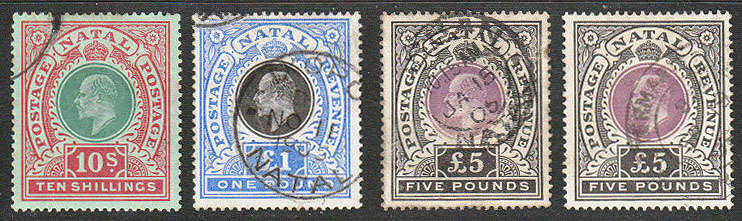 NATAL 1902-03 KEVII HIGH VALUES 5s, £1 AND 2 x £5 USED BUT POSSIBLE FISCALLY CLEANED AND POSTMARK