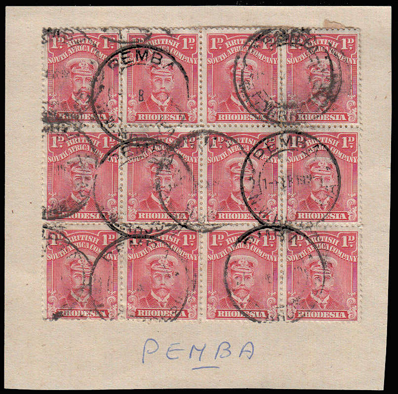 RHODESIA 1913 ADMIRALS 1d RED SHADE PERF 14 BLOCK OF OF 16 WITH PEMBA CANCELS. SCARCE MULTIPLE
