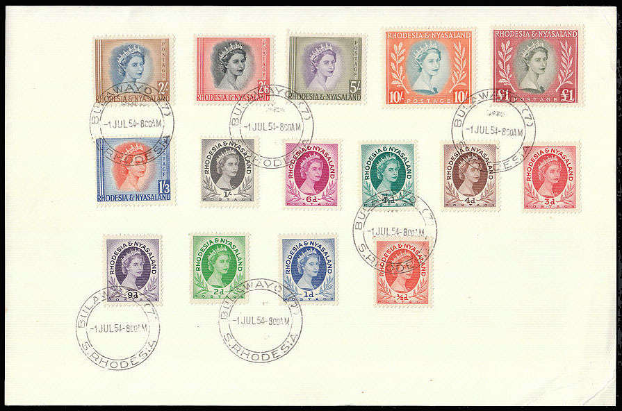 RHODESIA AND NYASALAND 1954 DEFIN SET ON THIN CARD WITH BULAWAYO FIRST DAY CANCELS. VERY CLEAN