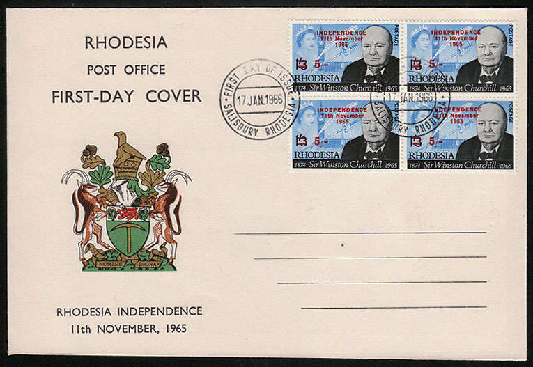RHODESIA 1966 INDEPENDENCE OVPT 5s CHURCHILL IN BLOCK OF 4 ON ILLUSTRATED FDC. VERY SCARCE