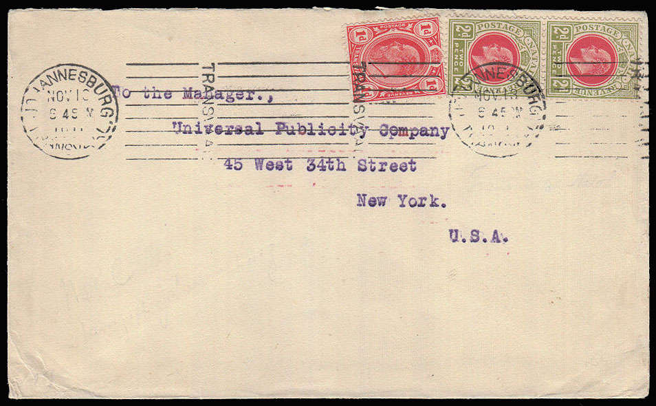 SOUTH AFRICA 1911 COVER EX JOHANNESBURG FRANKED TRANSVAAL 1d AND NATAL 2d PAIR TO USA