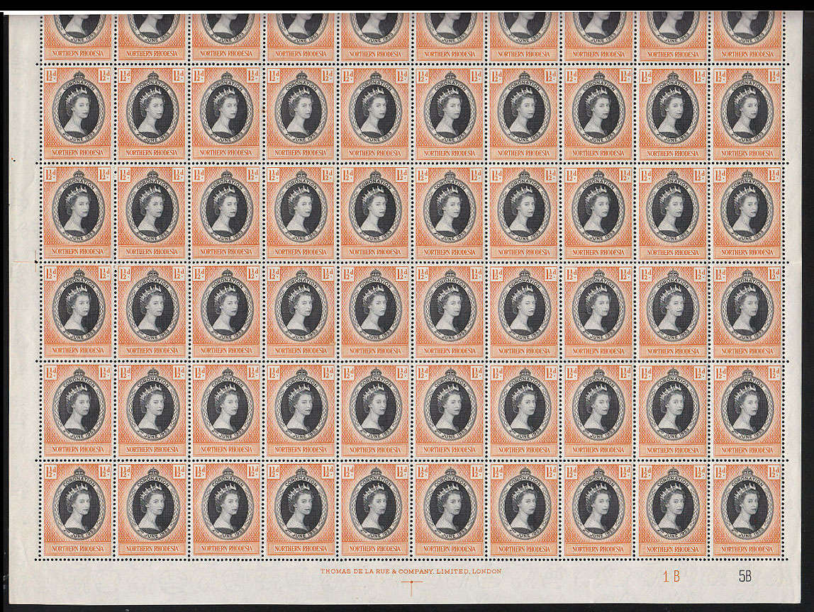 NORTHERN RHODESIA 1953 CORONATION FULL SHEET OF 60 VERY FINE MNH. TOP OF SHEET CUT OFF BY SCANNER