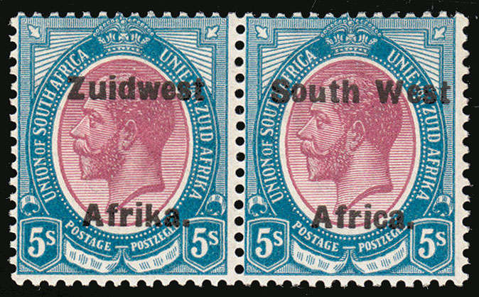 SOUTH WEST AFRICA KGV TYPE VI 5s  PURPLE AND BLUE PAIR VERY FINE LMM. SACC 49