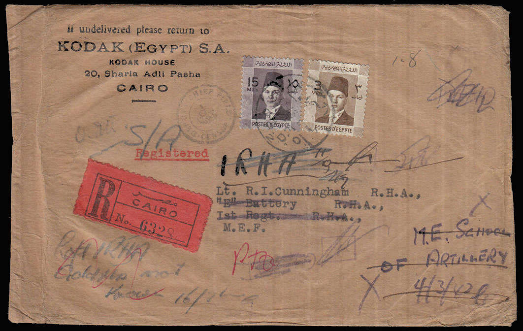 WWII 1943 REG FRANKED KODAK EGYPT LETTER TO MEMBER OF M.E.F. VARIOUS TIMES REDIRECTED WITH MULTI