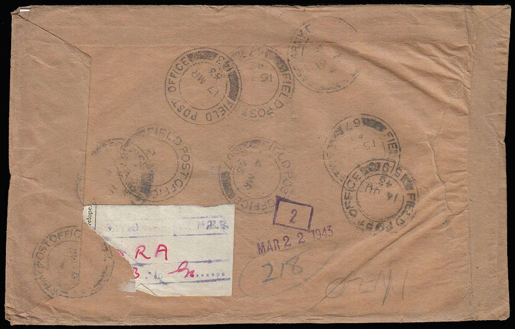 WWII 1943 REG FRANKED KODAK EGYPT LETTER TO MEMBER OF M.E.F. VARIOUS TIMES REDIRECTED WITH MULTI