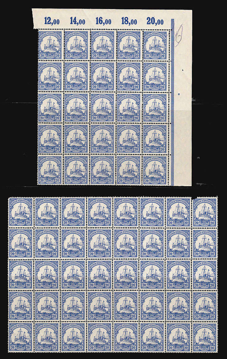 GERMAN SOUTH WEST AFRICA 1906 YACHT LOZENGES WMK 20pf  TWO LARGE BLOCKS MNH SACC 29