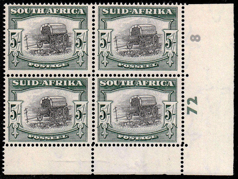 UNION 1947-54 SCREENED PICT 5s BLACK AND DP YELLOW-GREEN 72-8 ENGLISH CNR BLOCK LMM/MNH SACC 121a