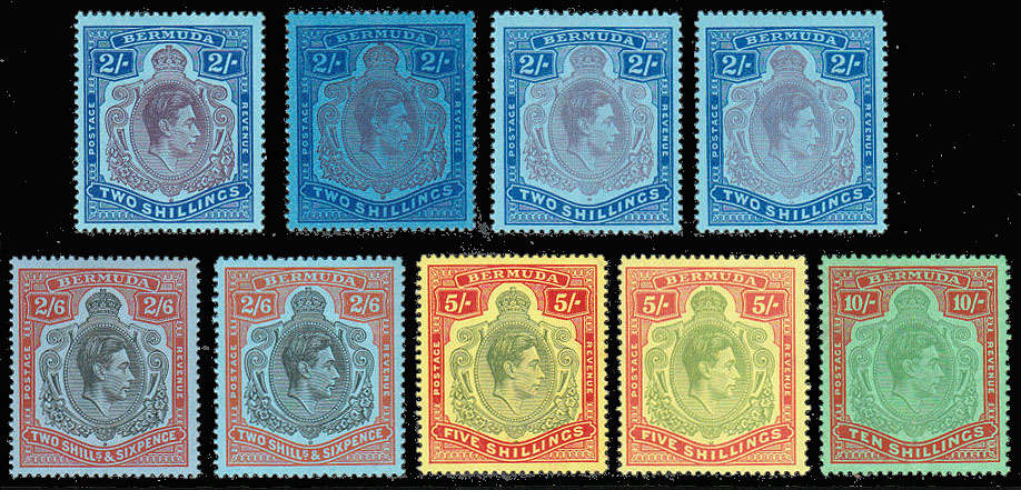 BERMUDA 1938 KGVI KEY PLATES 2s TO 10s MIXED PERFS WITH SOME DUPL FINE MINT. MIN ABOUT CAT £250