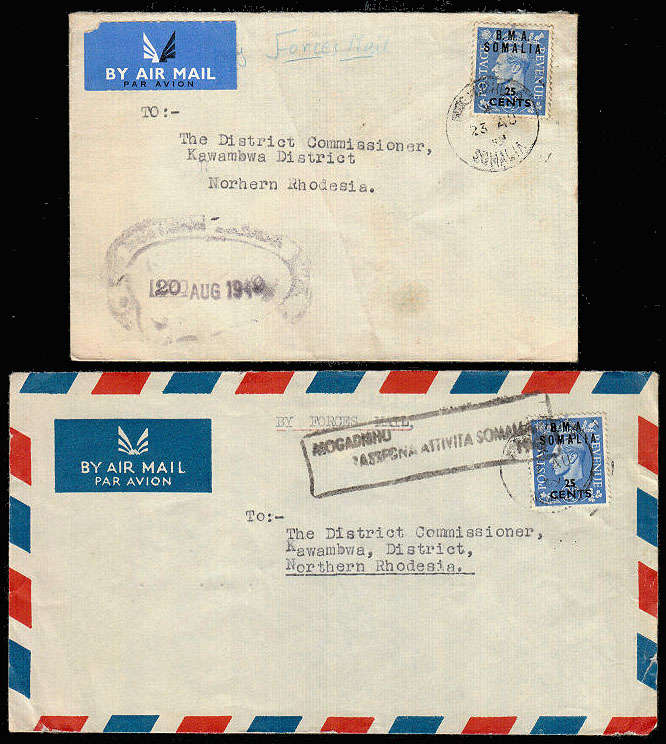 SOMALIA C 1948 FORCES MAIL TWO COVERS TO NORTHERN RHODESIA WITH GB OVPT BMA SOMALILAND 25C