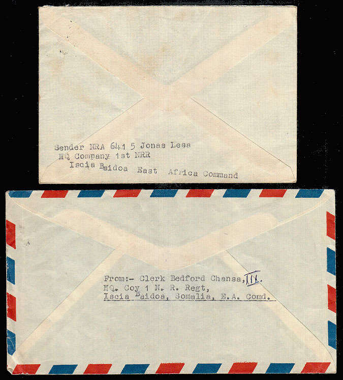 SOMALIA C 1948 FORCES MAIL TWO COVERS TO NORTHERN RHODESIA WITH GB OVPT BMA SOMALILAND 25C