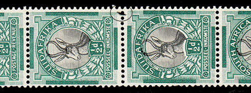 UNION 1930 ROTOS ½d COIL STRIP OF AA EE WITH BLACK FLAW BETWEEN STAMPS 5 AND 6 VERY FINE MINT