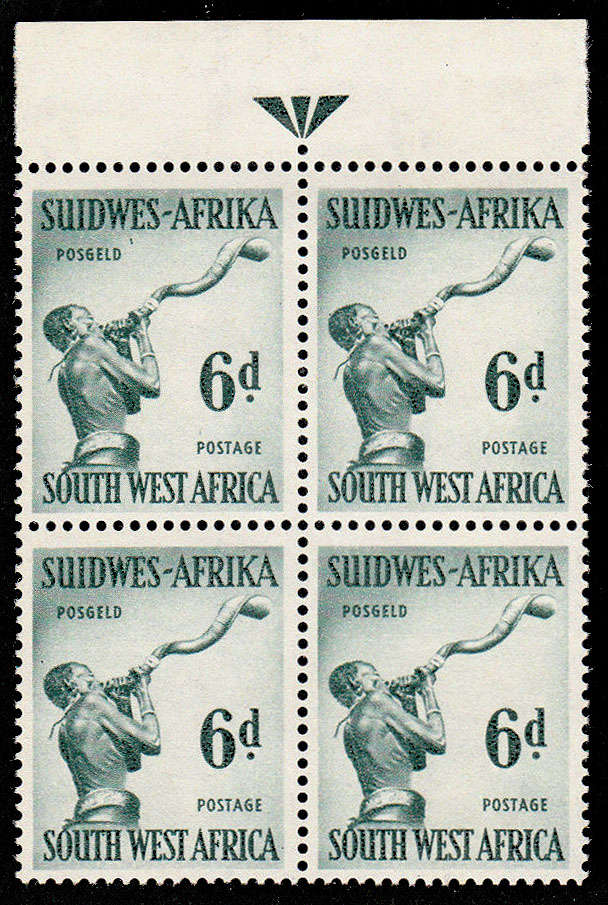 SOUTH WEST AFRICA 1954 DEFIN 6d MYRTLE GREEN WITH REVERSED WMK ARROW BLOCK V.F MNH SACC 187a R20.000