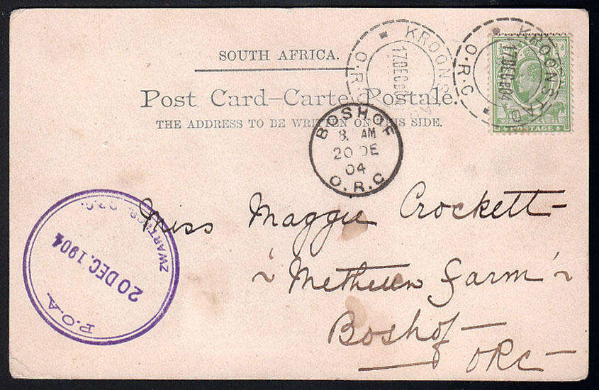 OFS 1904 POSTCARD FROM KROONSRAD TO BOSHOF WITH RARE P.O.A. ZWARTKOP. O.R.C. CANCEL IN VIOLET