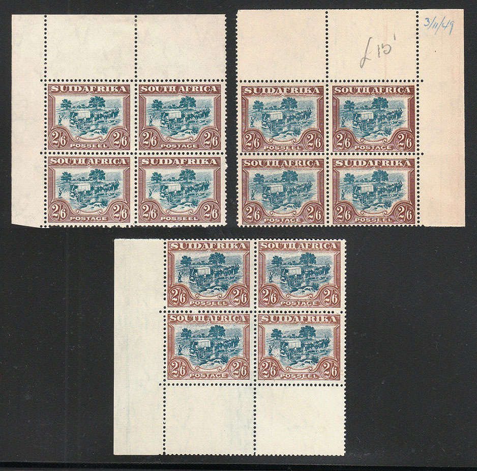 SOUTH AFRICA 1930-45 ROTOS 2s6 BLUE & BROWN SHADES x 3 CORNER BLOCKS VERY FINE MNH SACC 50a R10800