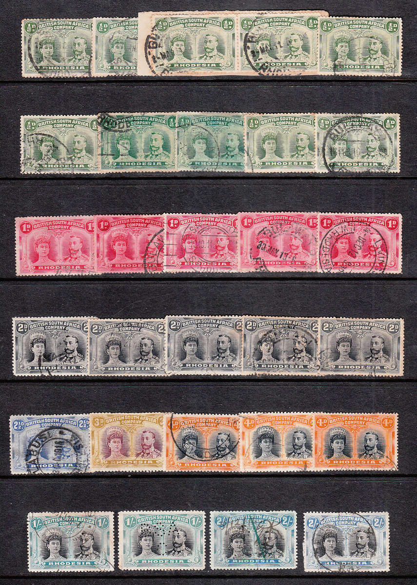 RHODESIA DOUBLE HEADS USED ACCUMULATION TO 2s, ODD FISCAL. MANY SHADES, AVERAGE CONDITION