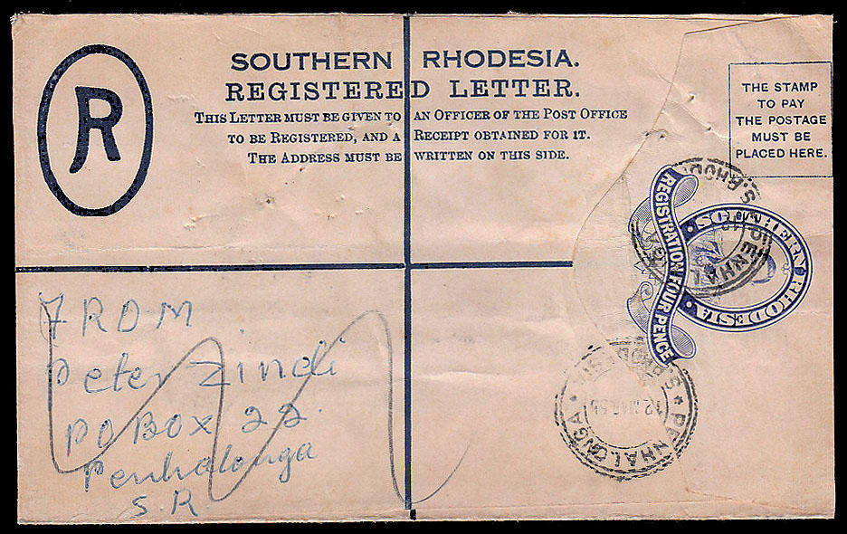 S RHODESIA 1955 4d KGVI PS REG ENV WITH  EXTRA STAMP ON REVERSE, PENHALONGA TRIPLE CIRCLE CANCELS