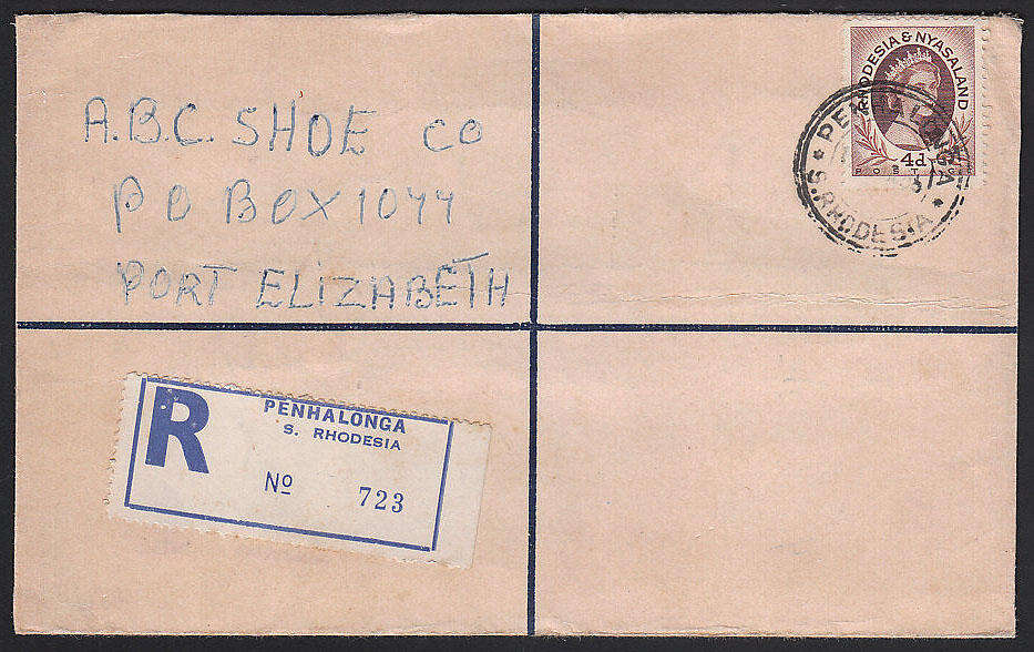 S RHODESIA 1955 4d KGVI PS REG ENV WITH  EXTRA STAMP ON REVERSE, PENHALONGA TRIPLE CIRCLE CANCELS