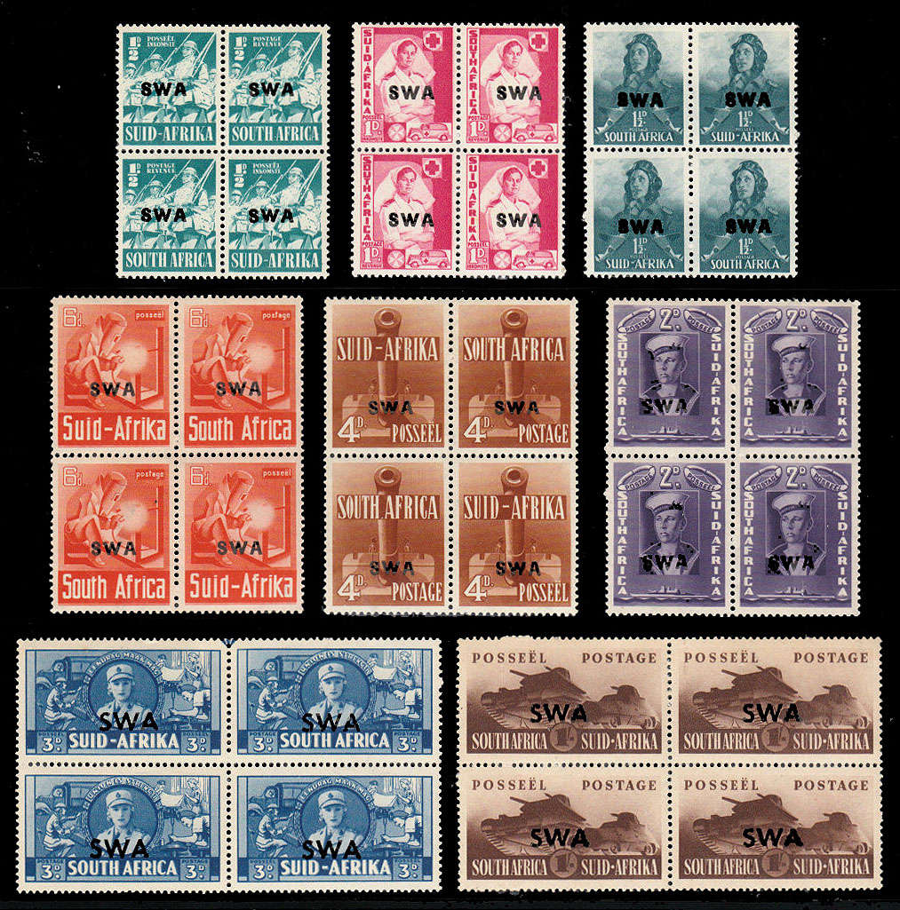 SOUTH WEST AFRICA 1941 WAR EFFORT SET 8 VALUES INCL 2d AND 1s IN BLOCKS OF 4 V F MNH. SACC 141 -148