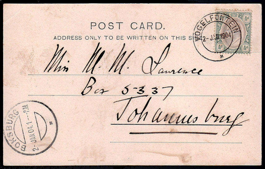 TRANSVAAL 1904 (JAN2) FINE VOGELFONTEIN DISPATCH AND BOKSBURG TRANSIT STRIKES ON PC TO JAHANNESBURG