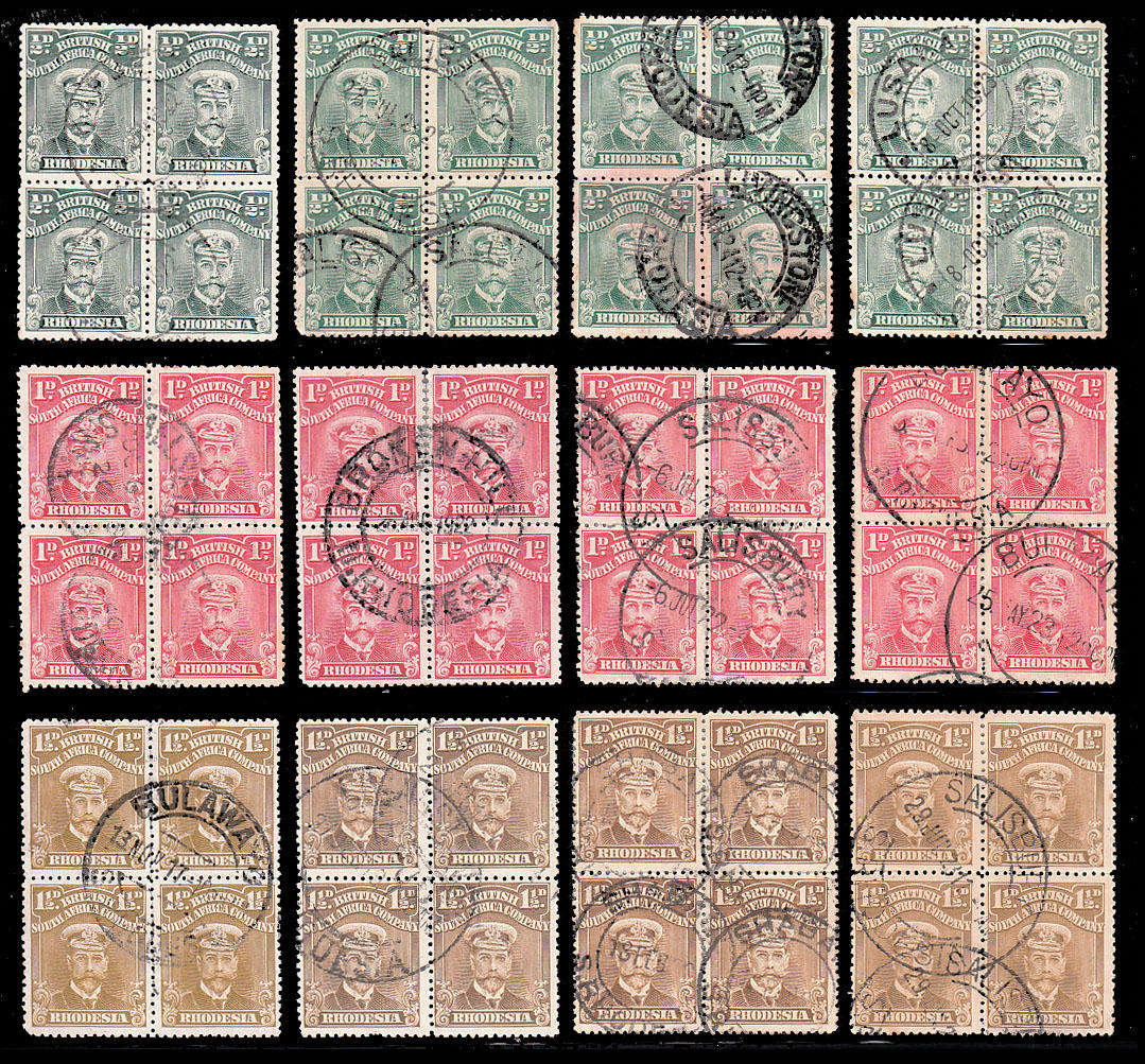 RHODESIA 1913-22 ADMIRALS ½d, 1d and 1½d each value with four blocks of 4 used, average condion (12)