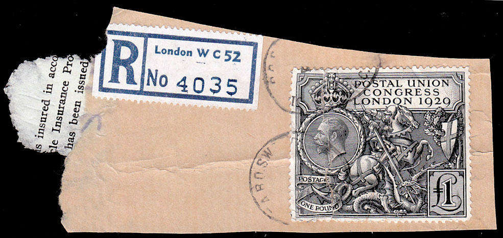 GREAT BRITAIN 1929 £1 POUND BLACK ON CUT OUT AND TIED TWO PMKS. TORN AT LEFT AND CREASED. SG 438