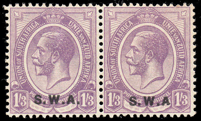 SOUTH WEST AFRICA 1927 SWA OVPTS 1s3d PAIR, RIGHT STAMP NO STOP AFTER 'A' V FINE MHN SACC 91b R4500