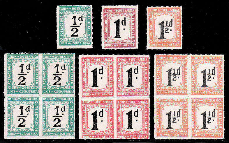 SOUTH AFRICA 1922 POSTAGE DUES SET IN BLOCKS OF 4 AND SINGLE VERY FINEMINT. SACC 8-10