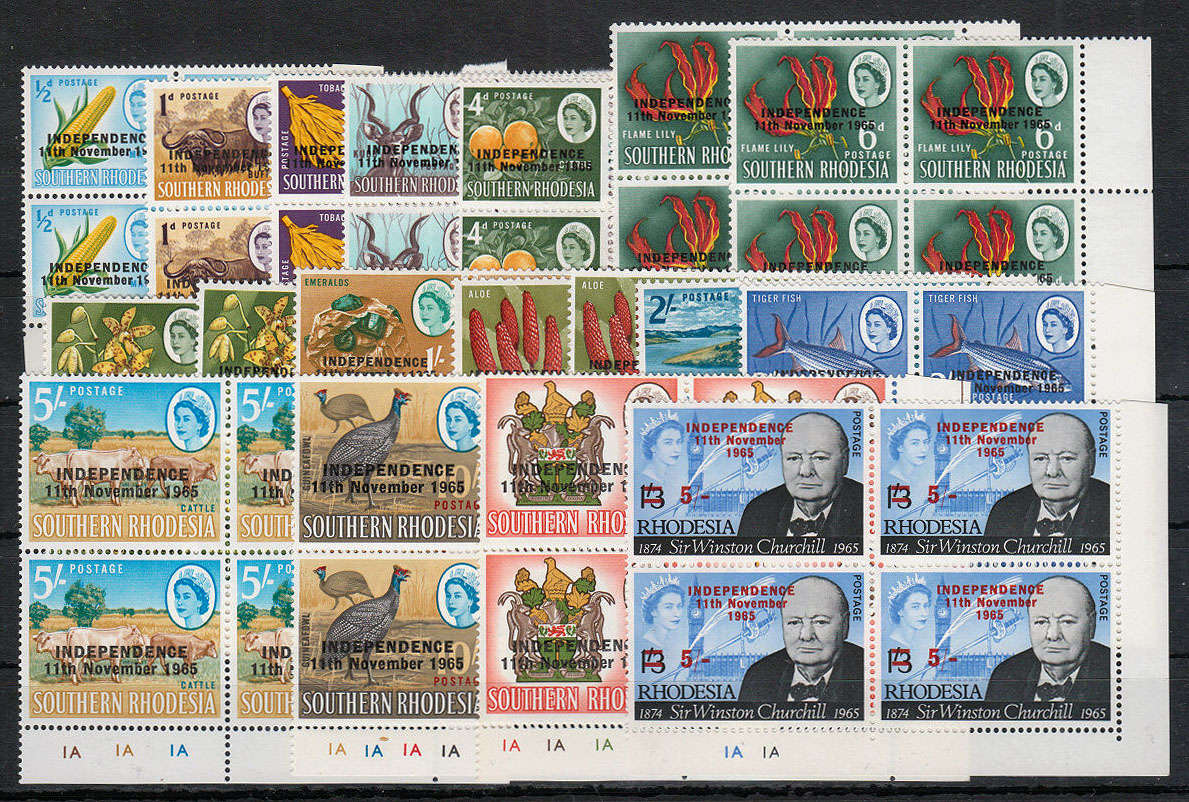 RHODESIA 1965 OVPTS COMPLETE SET INCL CHURCHILL IN 1A PLUS FEW 1B  CONTROL BLOCKS MNH SACC 116-30