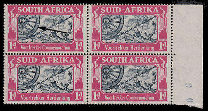 SOUTH AFRICA 1938 VOORTREKKERS 1d WAGON WHEEL WITH THREE RIVITS VAR VERY FINE MNH SACC 79a R1600