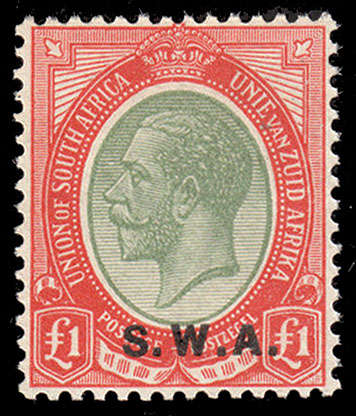SOUTH WEST AFRICA 1927 SWA OVPTS £1 PALE OLIVE AND RED VERY FINE MNH. SACC 92
